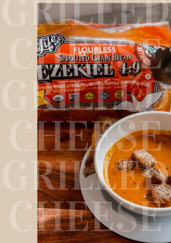 Ezekiel 4:9 recipe, Grilled cheese and tomato soup, Homemade croutons, Wholesome comfort food, Sprouted grain bread, Complete protein source, Nourishing meal, Honest nutrition, Sacred scripture-inspired dish, Nutritious comfort food, Rainy day recipe, Healthy grilled cheese, Tomato soup with croutons, Wholesome flavors, Harmonious blend of ingredients, Nourish body and soul