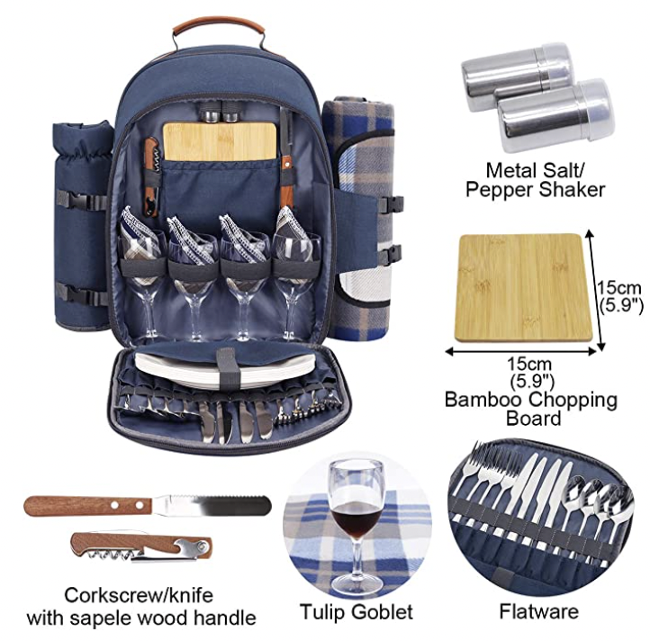 Sunflora Picnic Backpack for 4 Person with Blanket Picnic Basket Set for 2 with Insulated Cooler Wine Pouch for Family Couples (Navy Blue)