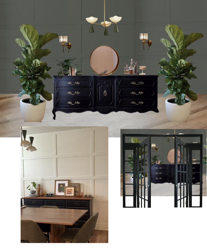 Modern Victorian Home Decor Mood Board with Black French Interior Doors, West Elm Dining Table, Blueprint Lighting Light Fixture, Artfully Walls framed art, and more!