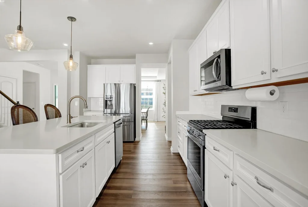 White cabinets with white counter top and white walls, kitchen inspo, kitchen cabinets, kitchen remodel near me